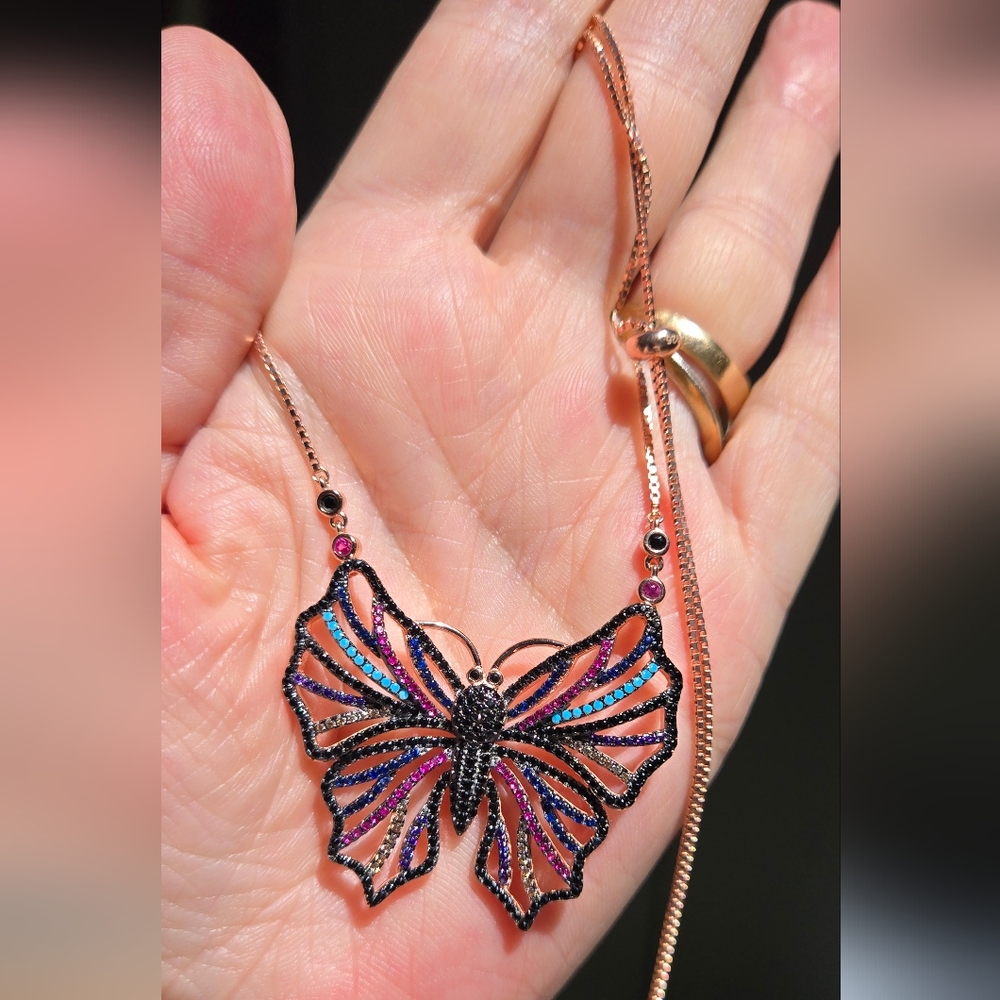 Gemstone Natural Sterling & Rosegold Butterfly Adjustable Necklace - Picture 5 of 12